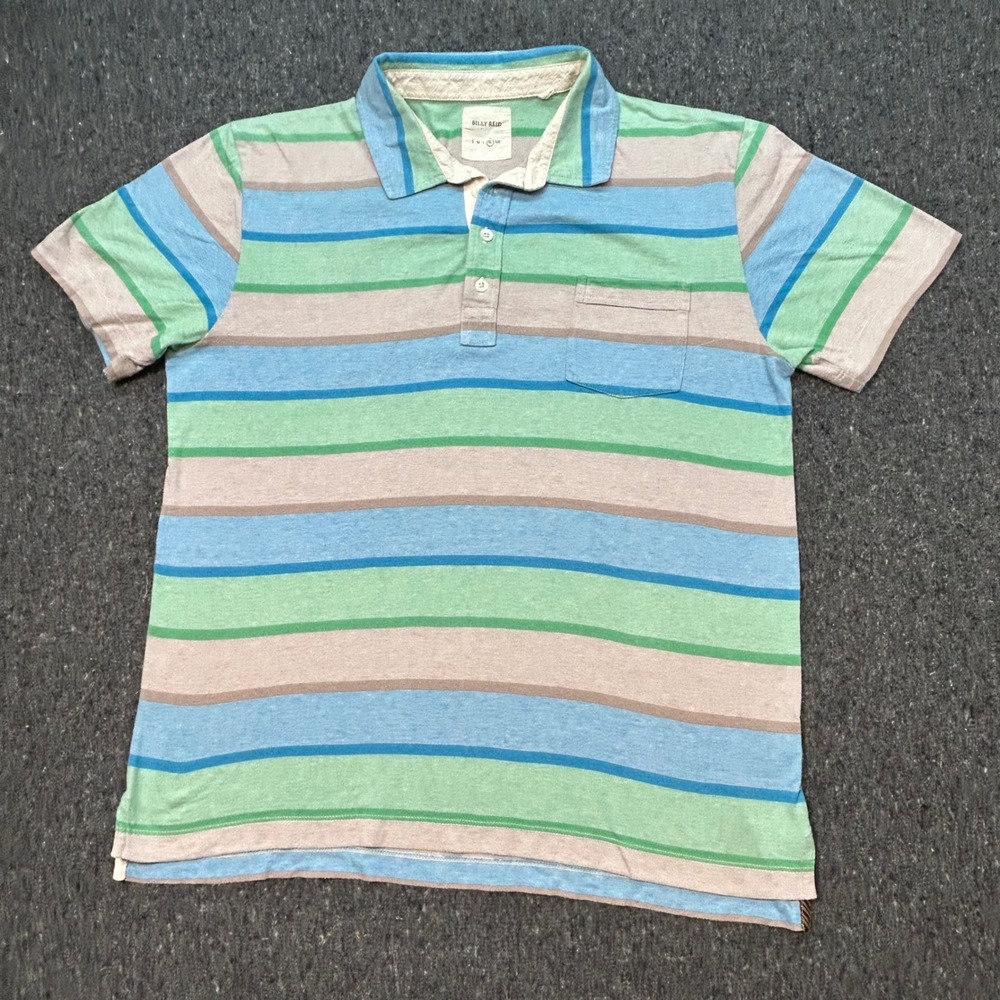 Billy Reid Polo Shirt XL Mens Blue Green Striped Preppy‎ Pocket Short Sleeve